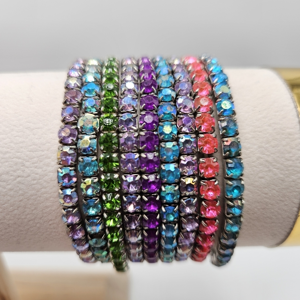 Rainbow Iridescent Rhinestone Stretch Thin Bracelet Set of 9 Purple Pink Green